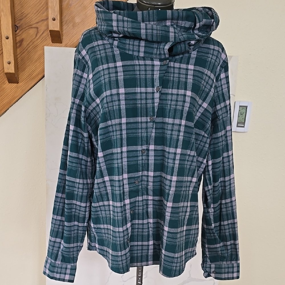 Plaid Button-Up Shirt with Cowl Neck